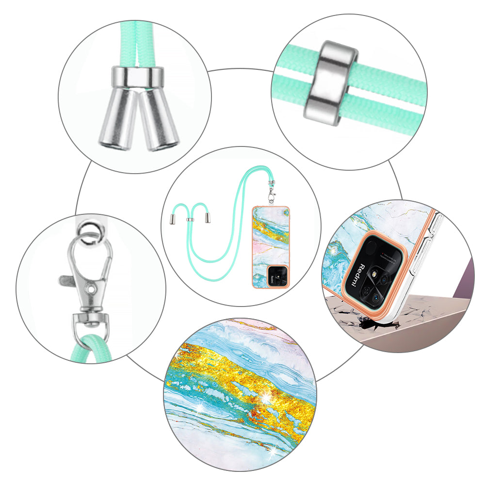 YB IMD Series-9 For Xiaomi Redmi 10C 4G IMD Marble Pattern Phone Case Electroplating Frame TPU Cover with Lanyard - Green 004 YB IMD Series-9 For Xiaomi Redmi 10C 4G IMD Marble Pattern Phone Case Electroplating Frame TPU Cover with Lanyard - Green 004